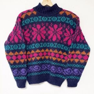 Vintage 80s‎ Christopher Sport Nordic Flower Fair Isle Geometric Stripe Sweater